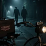 Duffer Brothers silhouette walking away from Hawkins on a bicycle and Stranger Things logo on handlebars and camera on wall