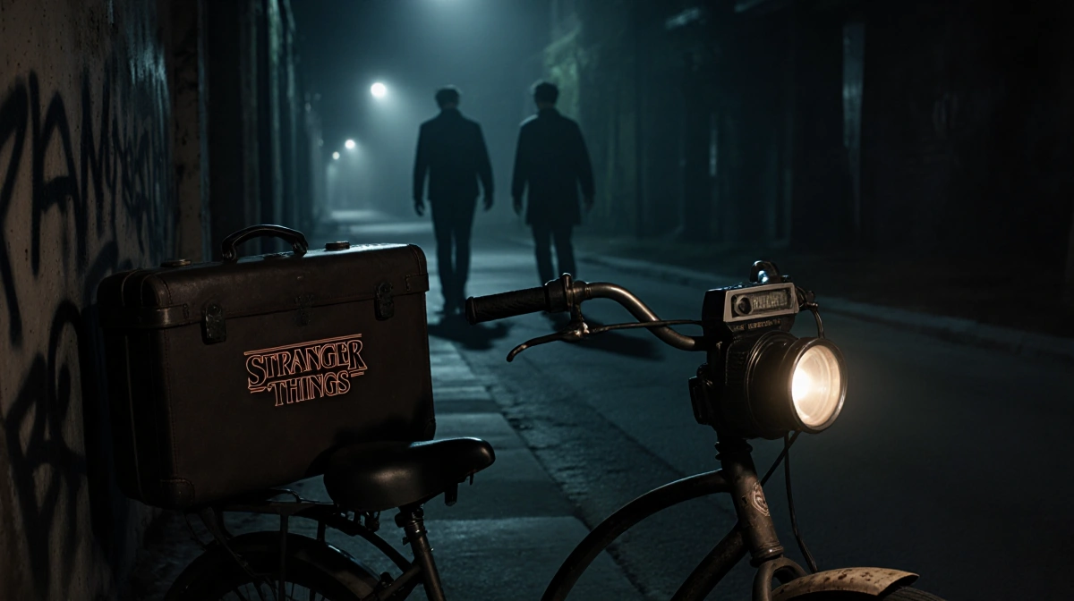 Duffer Brothers silhouette walking away from Hawkins on a bicycle and Stranger Things logo on handlebars and camera on wall