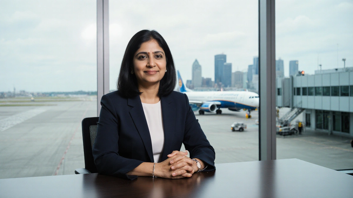 Health Commissioner Dr Palak Raval-Nelson sits confidently at desk with cityscape behind and hands clasped showing determinat