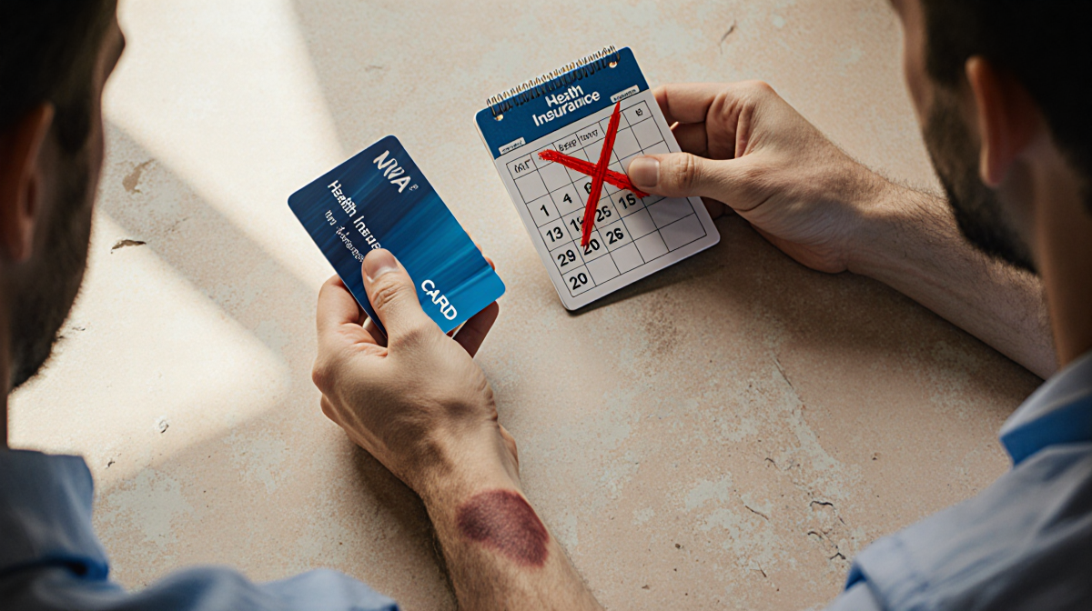 Couple holding health insurance card and calendar red X with bruised wrist against warm beige background