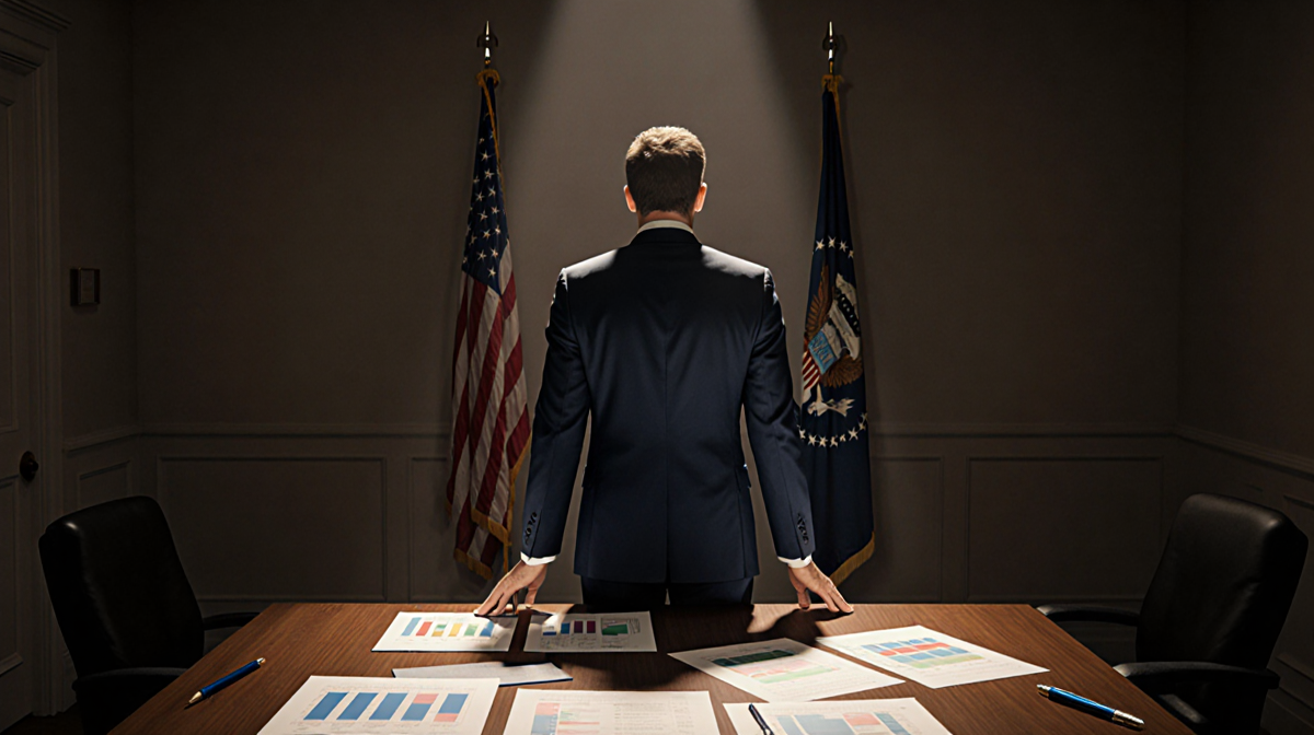 Health insurance CEO standing by table with charts and contract while looking at flag and holding pen in spotlight