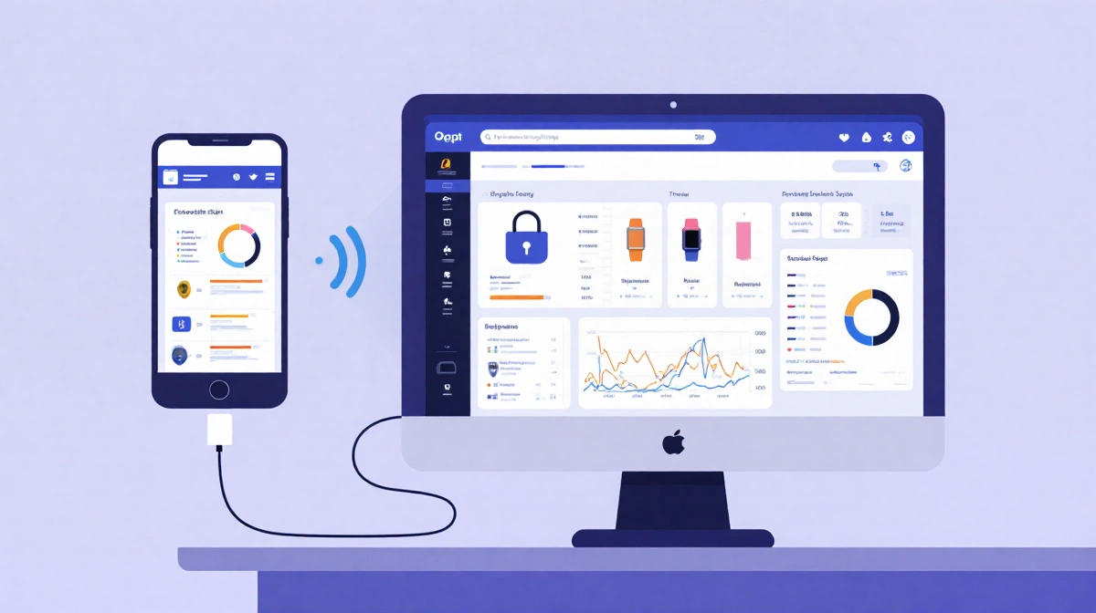 Smartphone syncing health data with desktop dashboard showing synchronized wearable metrics and security indicators