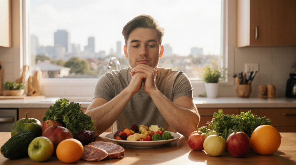 Adult sits at kitchen table with fresh produce and healthy ingredients while holding plate of nutrient-dense foods