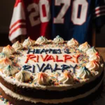 Decorated cake shows Heated Rivalry logo piped in frosting with colorful sprinkles and team jerseys draped nearby