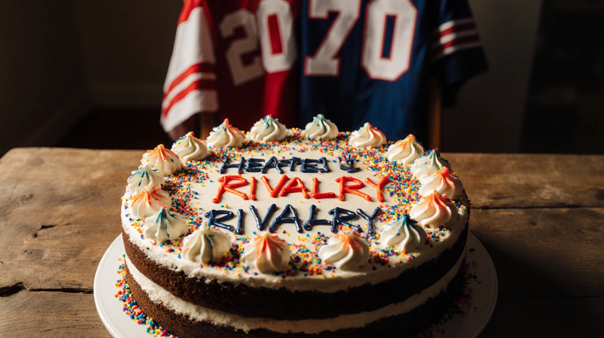 Decorated cake shows Heated Rivalry logo piped in frosting with colorful sprinkles and team jerseys draped nearby