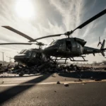 Two helicopters crashing into each other with entangled rotors and scattered debris at an airport under a sunny sky.