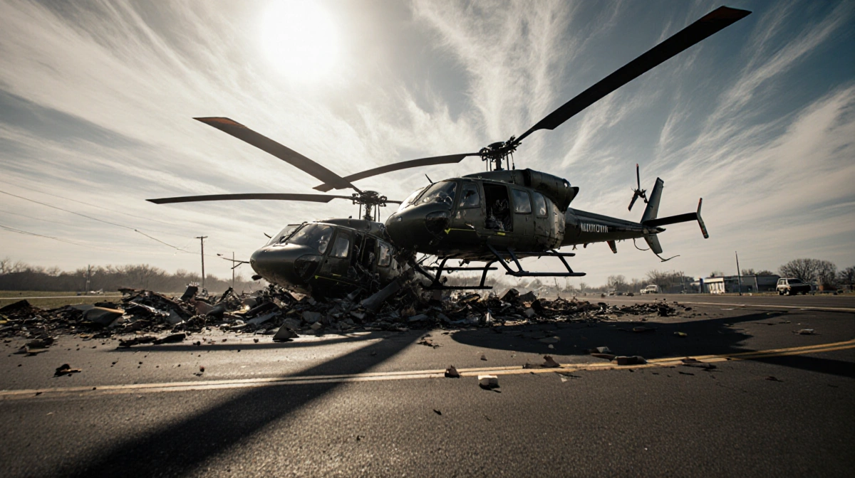 Two helicopters crashing into each other with entangled rotors and scattered debris at an airport under a sunny sky.