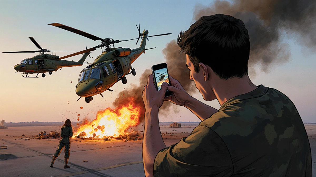 Male filming helicopter collision with flames and smoke