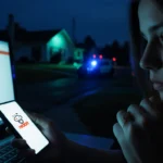 Woman sits with hands on keyboard and eyes cast downward near blurred suburban neighborhood at dusk.