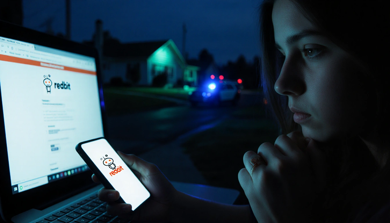 Woman sits with hands on keyboard and eyes cast downward near blurred suburban neighborhood at dusk.