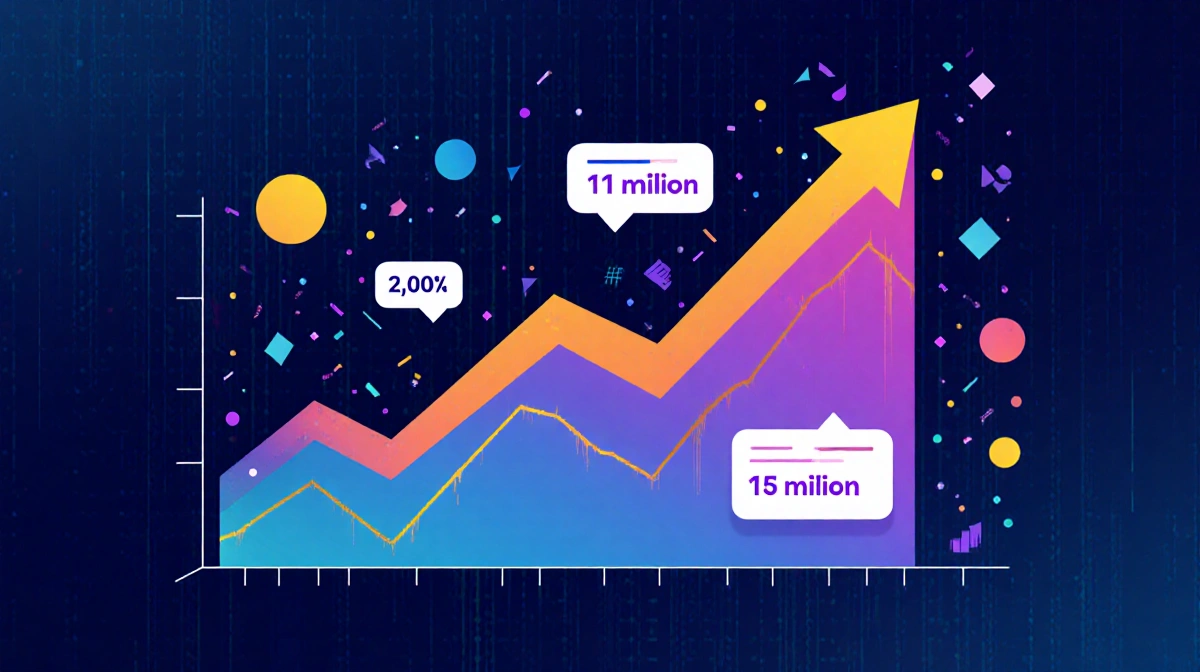 Sharp upward graph shows Higgsfield user growth from 11 to 15 million with pixel shapes and creator platform labels