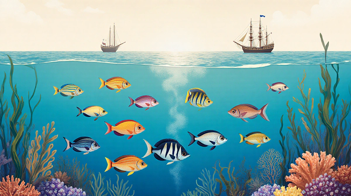 A school of colorful fish swims through coral reefs with research boats drifting in the distance