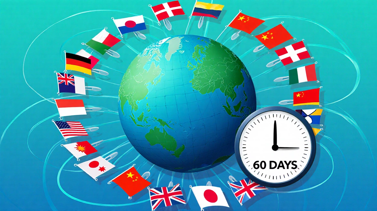 Countries gather around oceanic globe with 83 flags circling equator and calendar showing 120 days