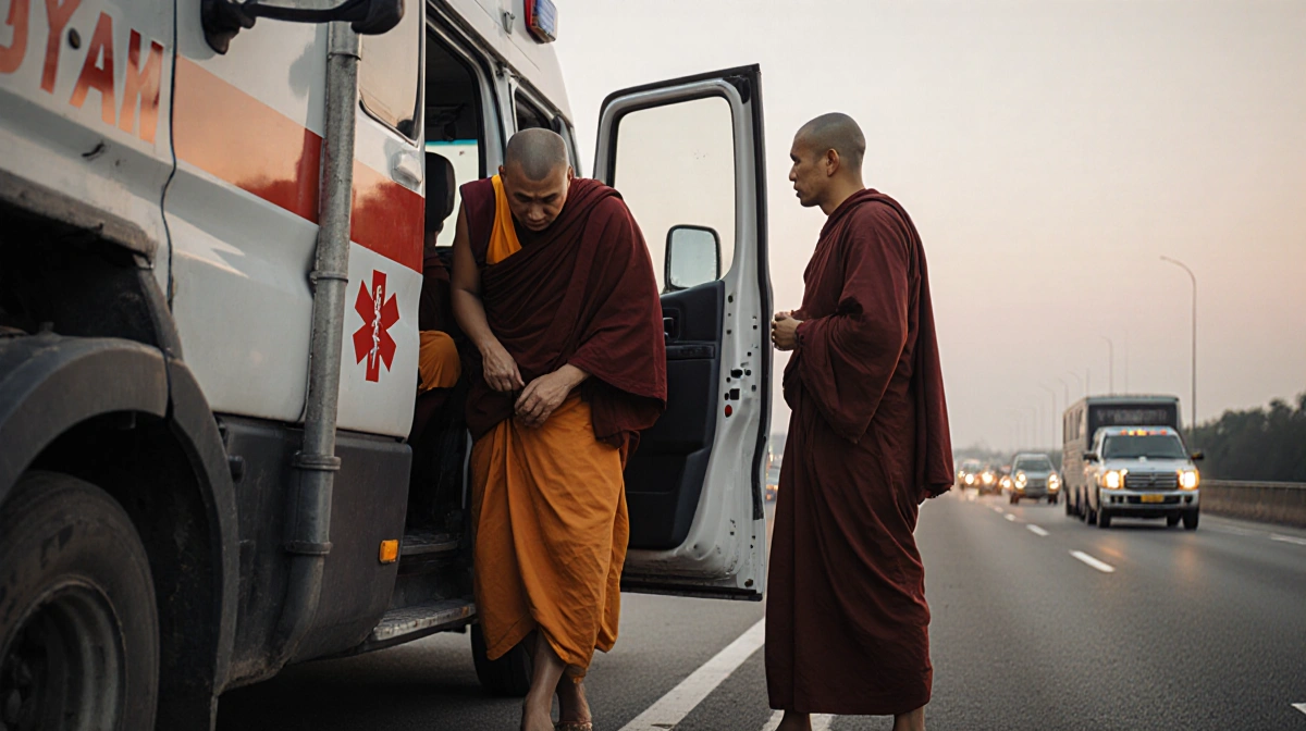 Monk being loaded into ambulance from truck collision with escort near traffic jam companion looking concerned.