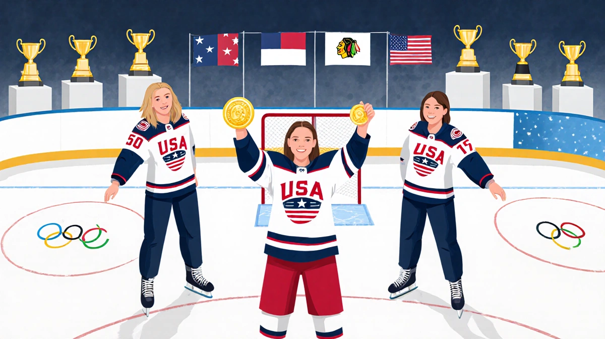 Hilary Knight holding a gold medal USA jersey with Kendall Coyne Schofield Lee Stecklein on hockey rink with Olympic flags