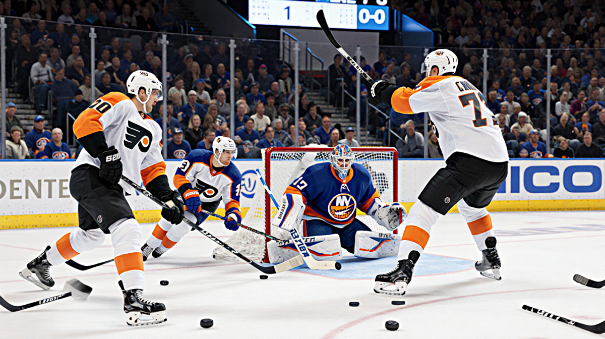 Flyers player raising stick above net with puck sliding into goal and Islanders sticks scattered