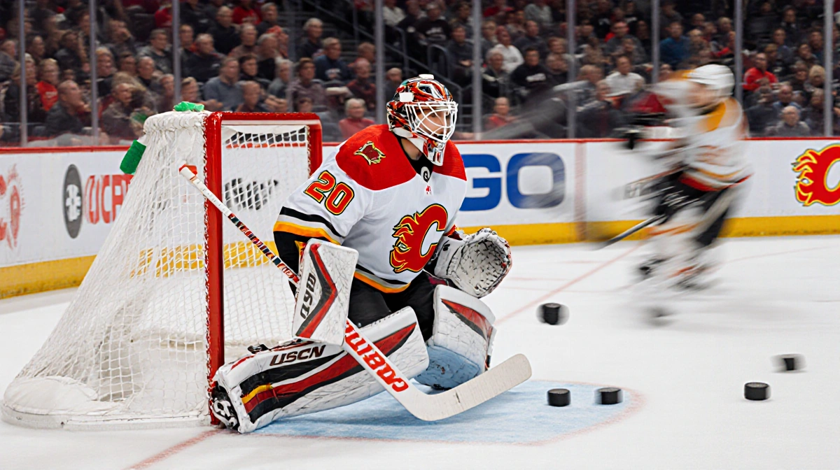 Samuel Ersson goaltender crouches behind net blocking shot with number 20 on his mask pucks, with Calgary Flames logo behind