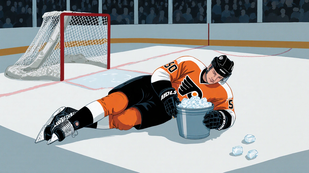 Hockey player lying on ice with injured leg in bucket and goalpost visible behind