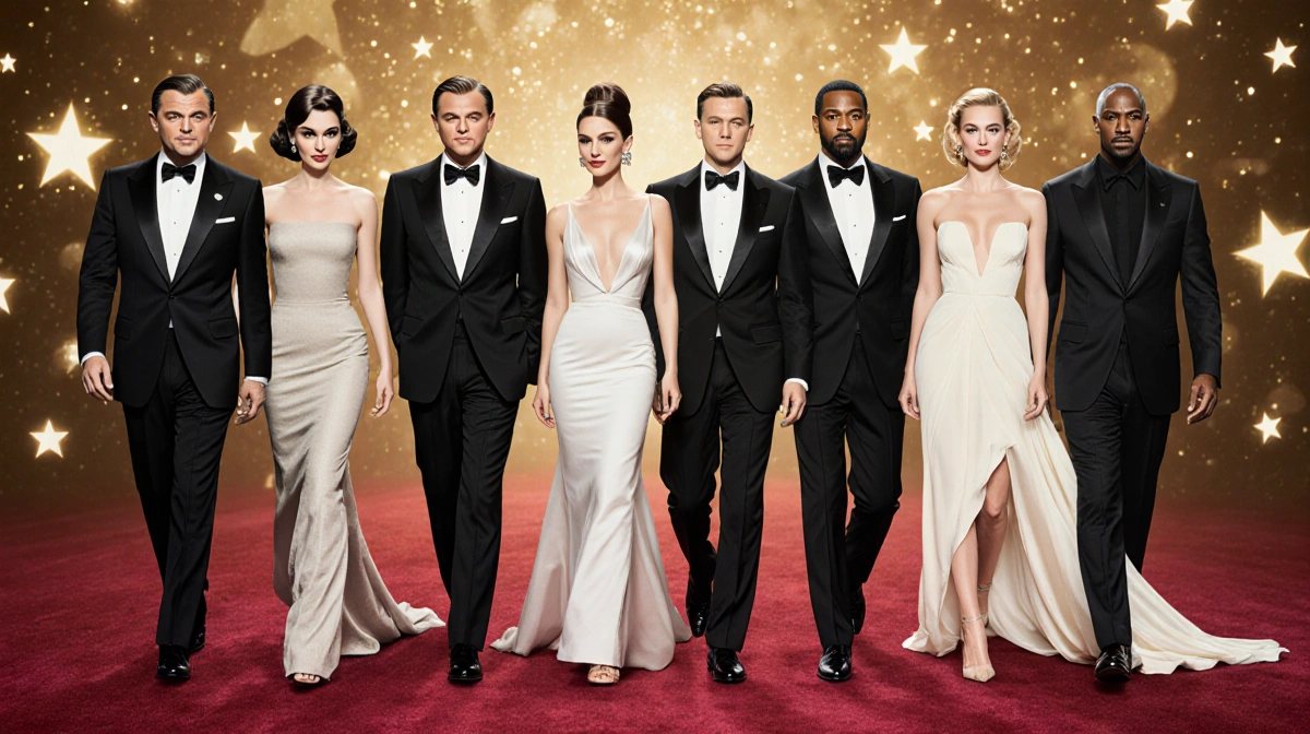 Golden age Hollywood icons and today's A-list stars walk the red carpet together with vintage glamour meeting modern elegance