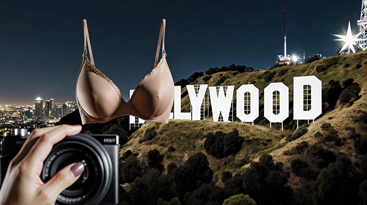 Bra hangs over Hollywood sign at night with LA skyline and blurred Sydney Sweeney in foreground.