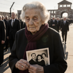 Elderly woman holding faded family photo with solemn dignitaries walking in golden light near Auschwitz grounds