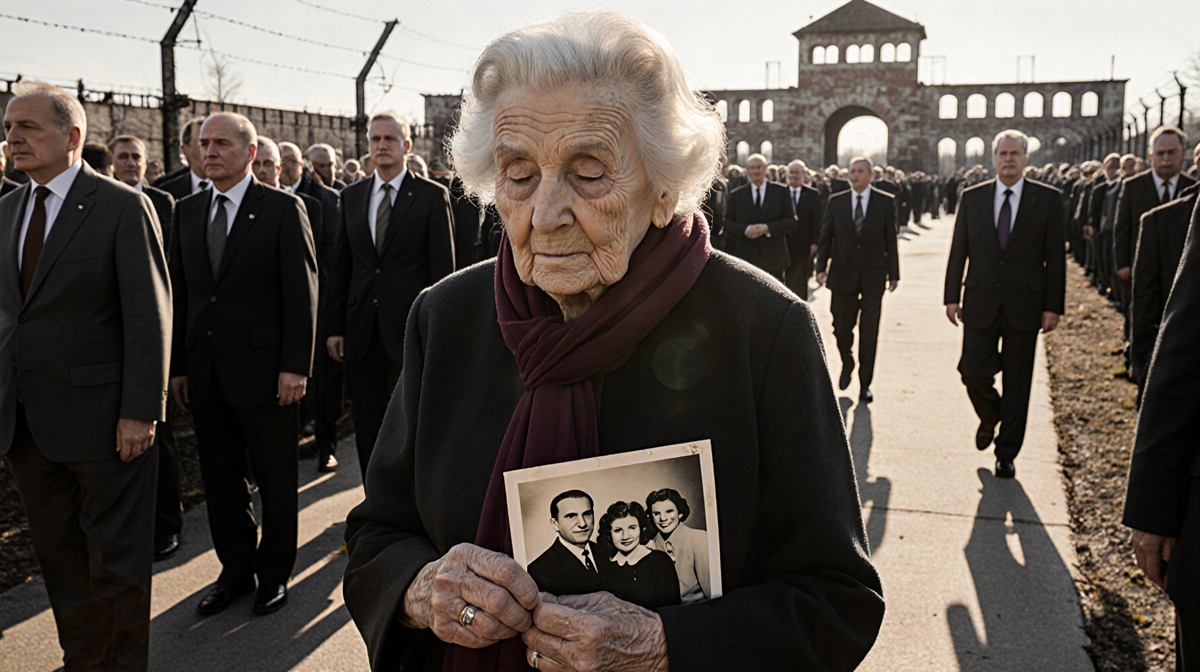 Elderly woman holding faded family photo with solemn dignitaries walking in golden light near Auschwitz grounds