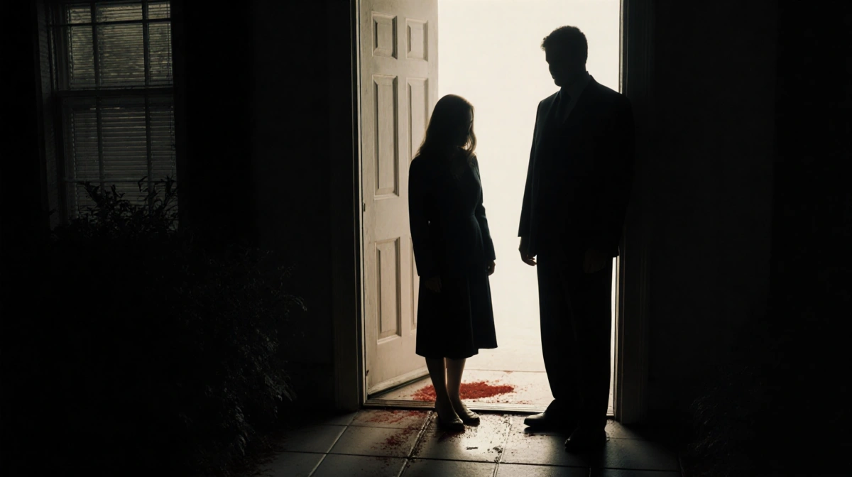 Woman standing at home entrance with subtle blood sheen on floor and faint glow inside.