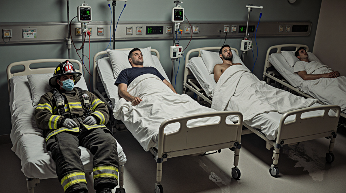 Firefighter lying in hospital beds with removed helmet and mask and slightly elevated bed indicating critical condition.