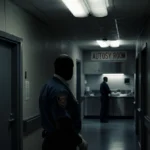 Security guard standing outside autopsy room with newspaper indictment and surgeon figure visible in background