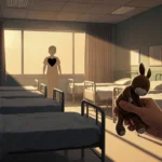 Delicate hand clutches a worn stuffed rabbit with golden dusk light and a faint ghostly boy in the bed behind.