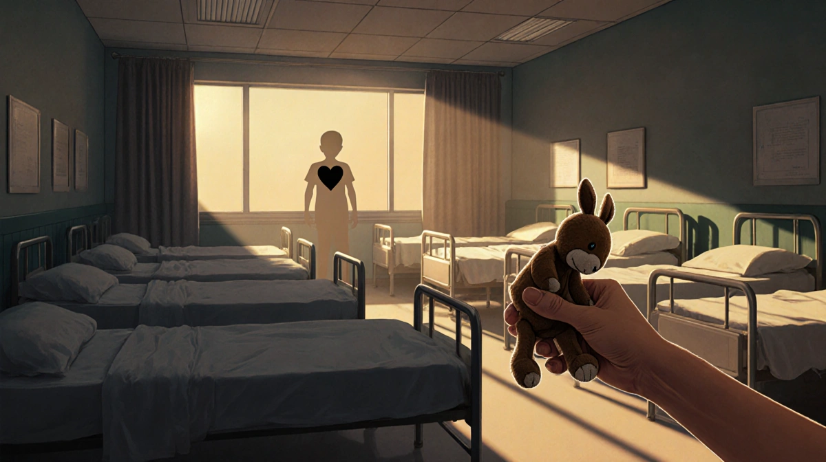 Delicate hand clutches a worn stuffed rabbit with golden dusk light and a faint ghostly boy in the bed behind.