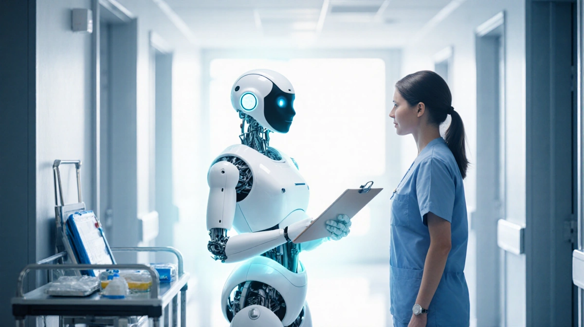 Humanoid robot holding a clipboard and assisting a nurse in a bright hospital corridor with a subtle glow and clean backgroun