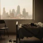 Empty hospital room holds worn chair beside bed with blanket and belongings while Philadelphia skyline glows through window