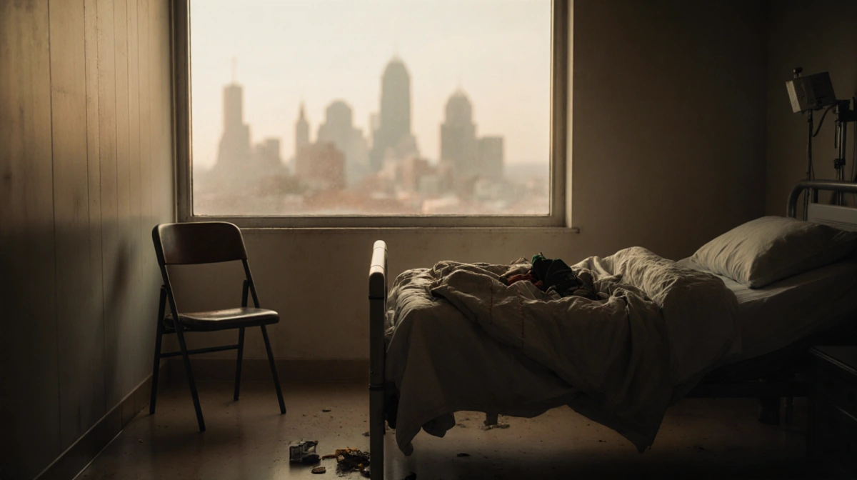 Empty hospital room holds worn chair beside bed with blanket and belongings while Philadelphia skyline glows through window