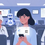 Young woman clutching phone showing 45% health risk assessment with worried expression in hospital waiting room