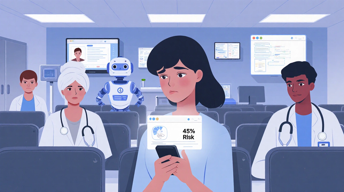 Young woman clutching phone showing 45% health risk assessment with worried expression in hospital waiting room