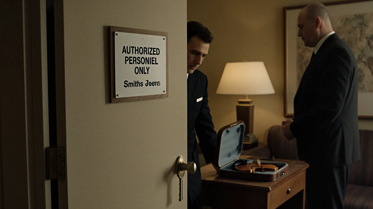 Hotel security guard examining the partially opened door with a keycard on a table and a violin case hinting at a musician