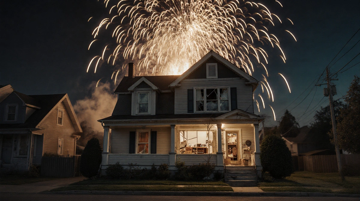 House shudders from explosion with rattled facade and bright flashes lighting the sky