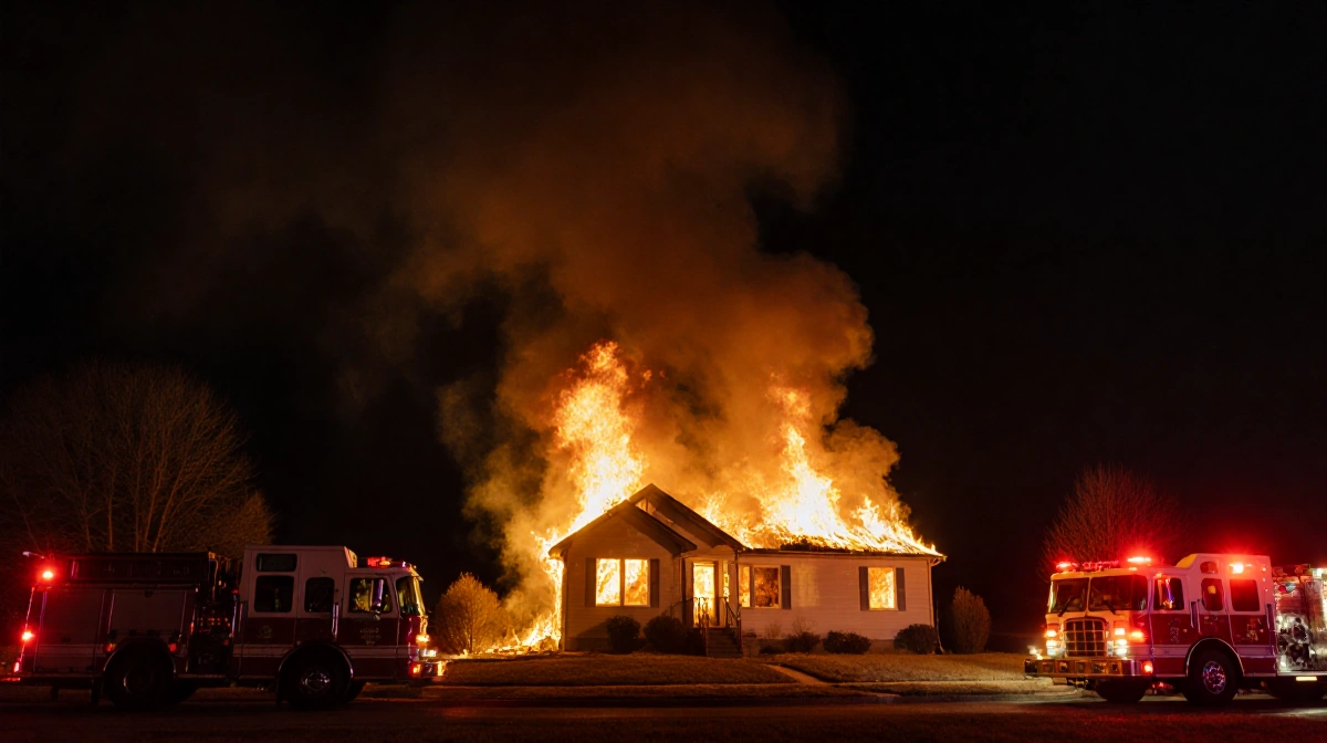 House fire burning through windows with fire trucks and flashing lights near smoke-filled night sky