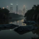 Three bodies lie on a Houston bayou edge with dark tarps and police lights illuminating the water and foggy sky