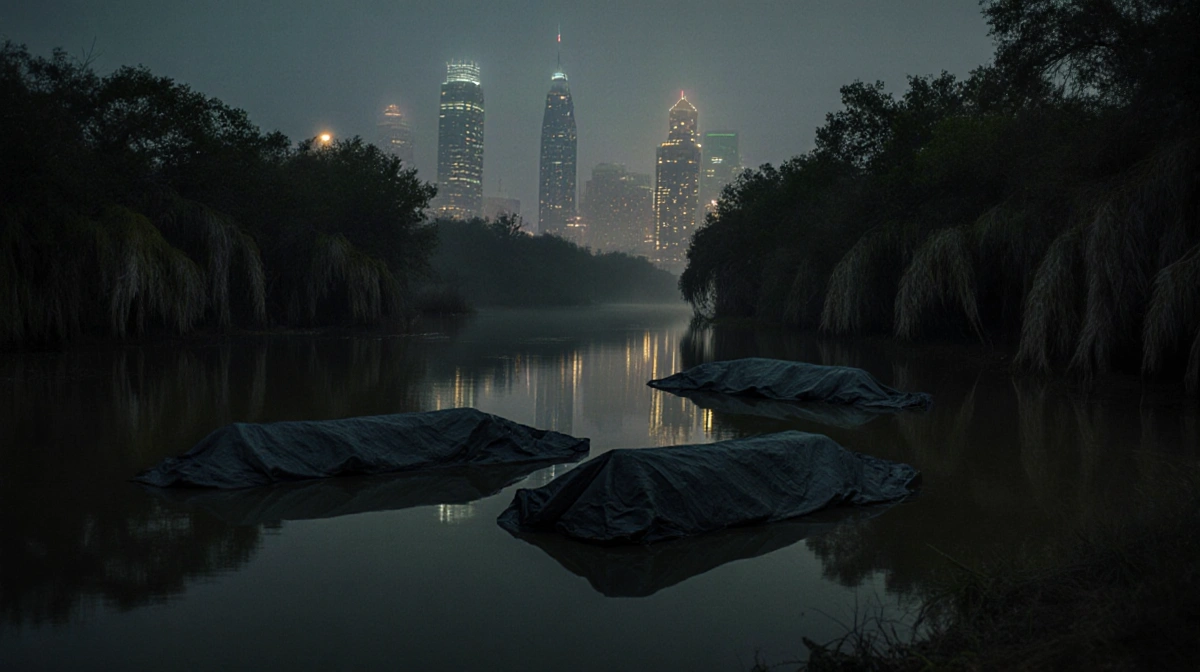 Three bodies lie on a Houston bayou edge with dark tarps and police lights illuminating the water and foggy sky