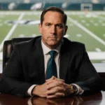 Howie Roseman sits at desk with hands clasped and football field blurred behind him