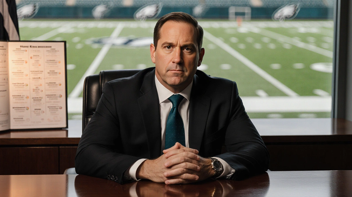 Howie Roseman sits at desk with hands clasped and football field blurred behind him