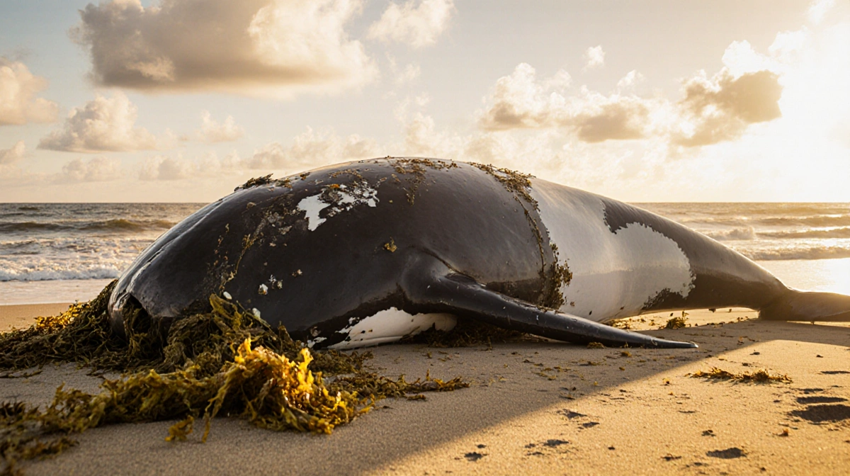 Humpback whale lies on Delaware beach with seaweed and debris from boat collision