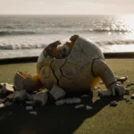 Shattered Humpty Dumpty statue lies broken on mini golf course with cracked stone pieces scattered across the green