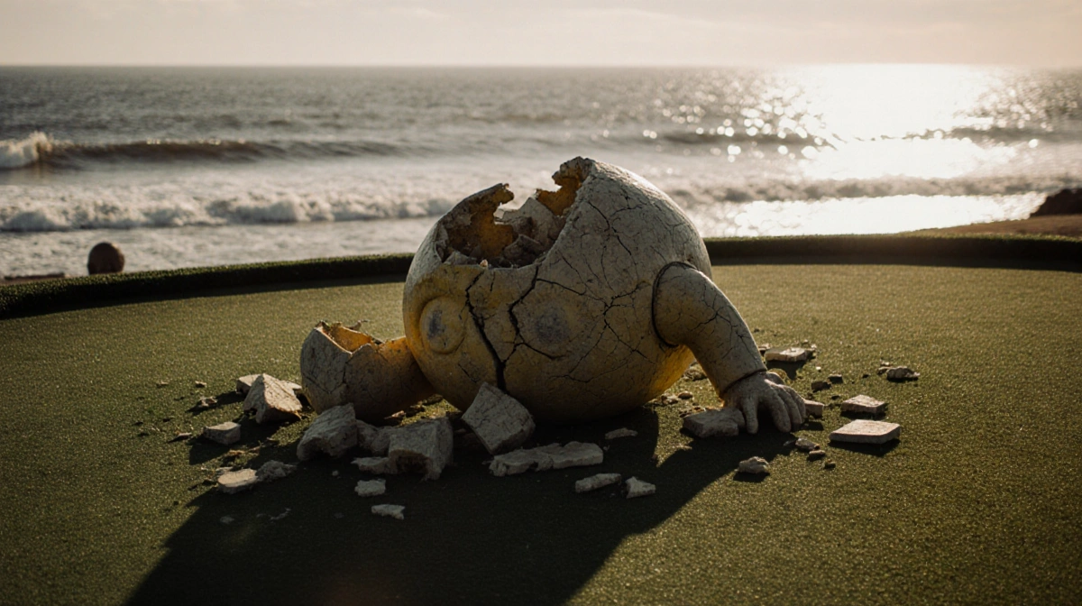 Shattered Humpty Dumpty statue lies broken on mini golf course with cracked stone pieces scattered across the green