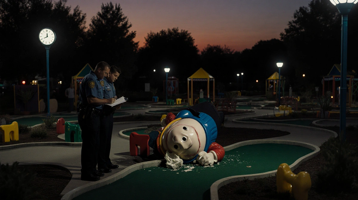 Police officer examining broken Humpty Dumpty statue on mini-golf course with another officer taking notes at dusk