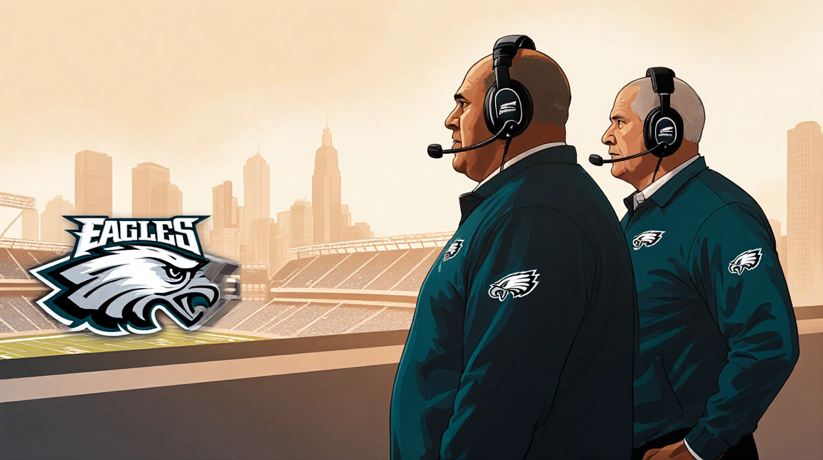 Eagles defensive coordinator Sean Desai stands with headset while Vic Fangio stands beside him with Philadelphia skyline and 