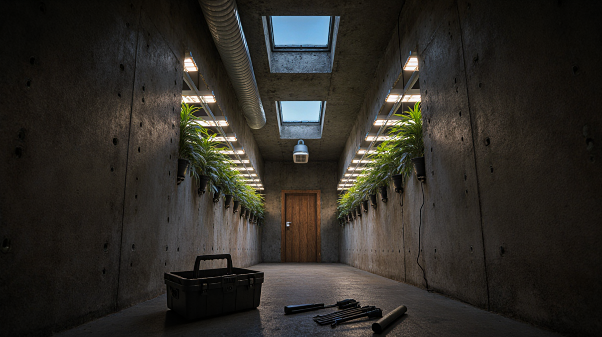 Tunnel entrance with wooden door opens to dark concrete tunnel lined with grow lights illuminating hydroponic systems bunker