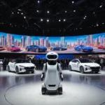 Hyundai robot stands with autonomous vehicles and bright screens showing futuristic cars at CES